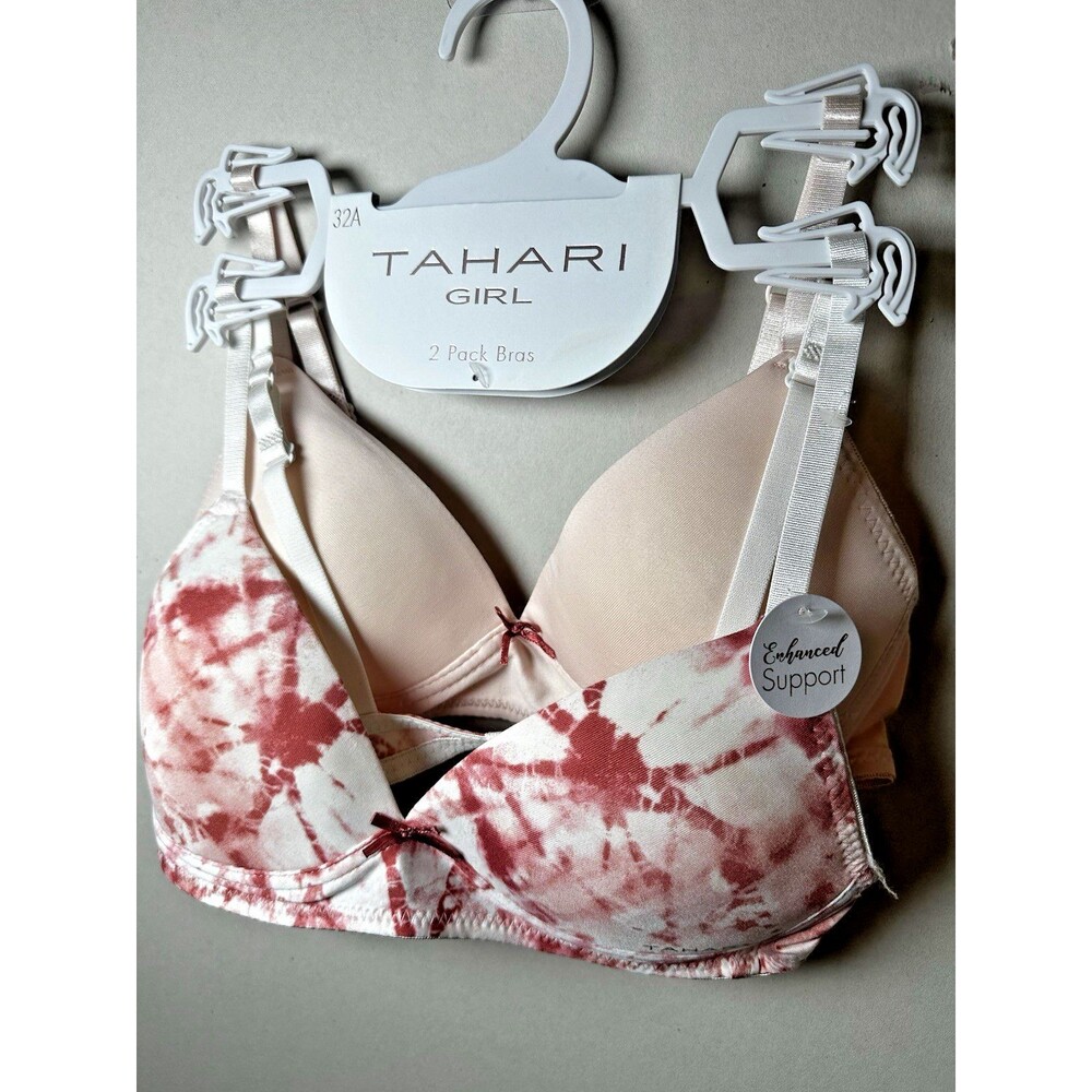 NWT  Tahari Girl Bra Set 32A 2 Pack Nude Tie Dye Pink White Wireless Soft Train